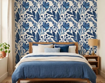 Papel pintado autoadhesivo floral: Hojas bohemias azules (sin PVC)