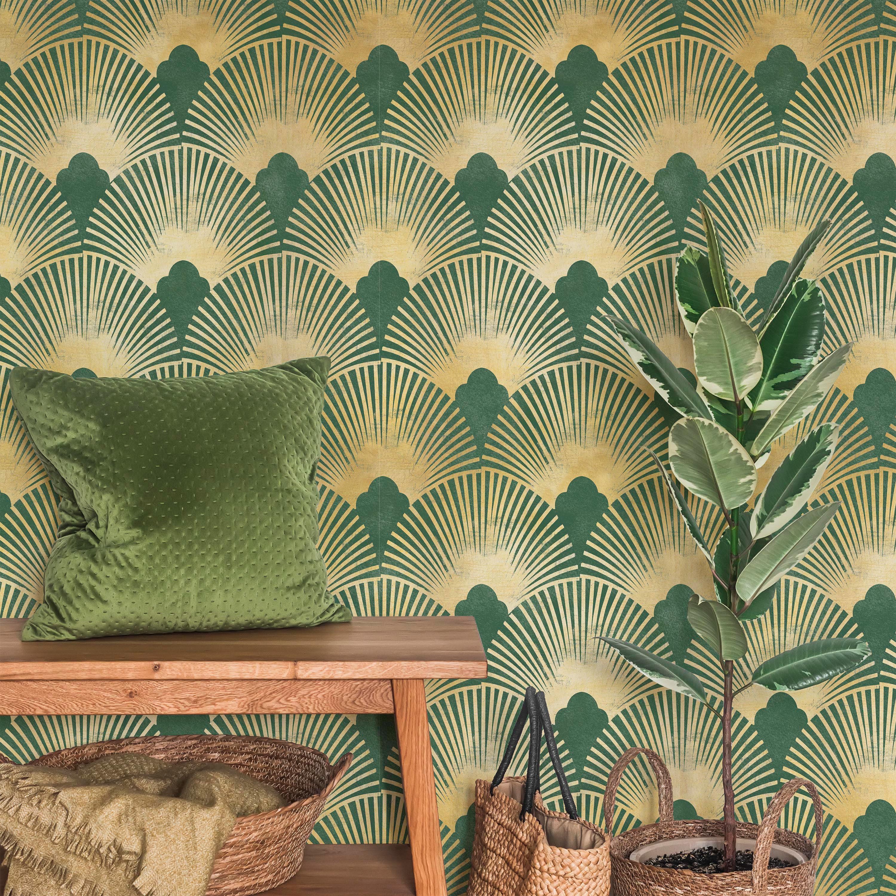Art Deco Peel and Stick Wallpaper, Green Gold Arcs (removable) - Etsy