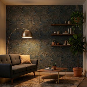 Japanese Peel and Stick Wallpaper, Gold Blue Waves (Removable, PVC-Free) image 2