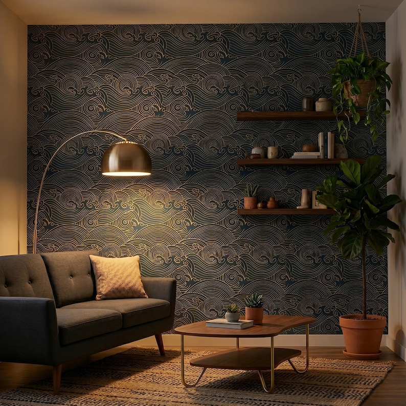 Japanese Peel and Stick Wallpaper, Gold Blue Waves (Removable, PVC-Free) image 2