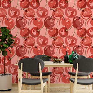 Fruits & Vegetables Wallpaper Peel and Stick | Whimsical Red Wallpaper for Kitchen | Modern Cherries Traditional Non-Woven Wallpaper | FV17
