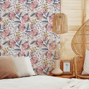 Botanical & Floral Wallpaper Peel and Stick | Romantic Pink Wallpaper for Bedroom | Classic Blooming Flowers Non-Woven Wallpaper | FLO52