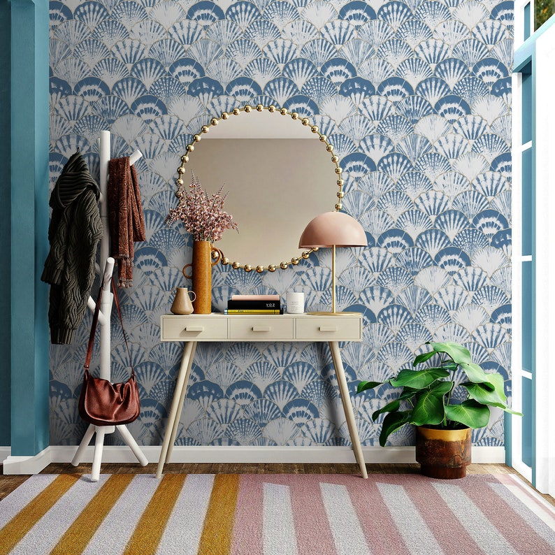 Blue Ikat wallpaper ,Peel&Stick and Traditional Wallpaper, Removable and Renter friendly Wall Decor, Leaves Wall Art, Self Adhesive. image 2