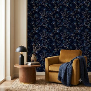 Botanical Peel and Stick Wallpaper, Blue Flowers, Black Background (Removable)