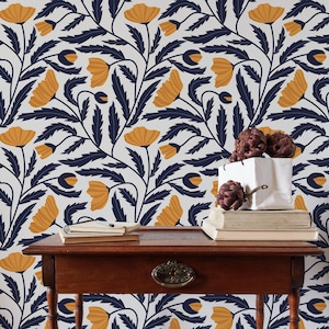 Botanical & Floral Wallpaper Peel and Stick | Fun Yellow Wallpaper for Bedroom | Retro Flowers Traditional Non-Woven Wallpaper | FLO56