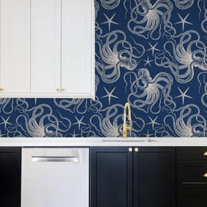 Peel and Stick Wallpaper: Nautical Blue Octopus - PVC Free, Splash Proof image 3