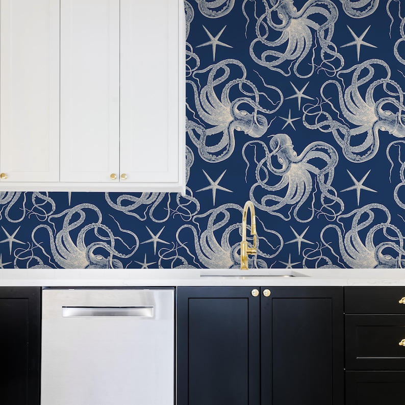 Peel and Stick Wallpaper: Nautical Blue Octopus - PVC Free, Splash Proof image 3