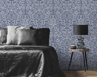 Botanical Peel Stick Wallpaper, Blue Acorns & Oak Leaves (Removable)