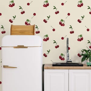 Fruits & Vegetables Wallpaper Peel and Stick | Whimsical Beige Wallpaper for Kitchen | Modern Tiny Cherries Non-Woven Wallpaper | FV09