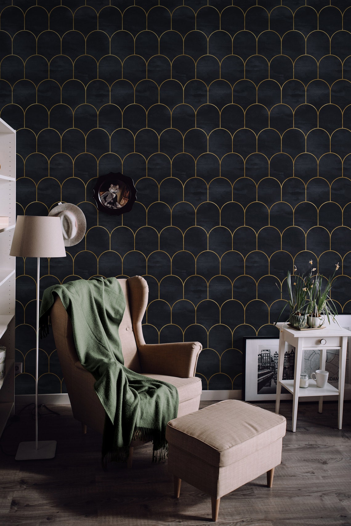 Navy Gold Art Deco Wallpaper Peel&stick and Traditional Etsy