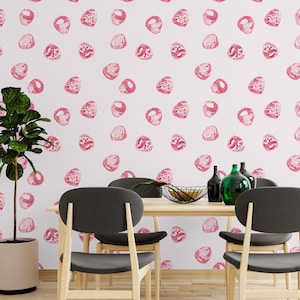 Fruits & Vegetables Wallpaper Peel and Stick | Playful Pink Wallpaper for Kitchen | Modern Raspberries Non-Woven Wallpaper | FV07