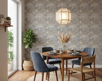 Peel and Stick Wallpaper: Vintage Japanese Waves - Brown Beige