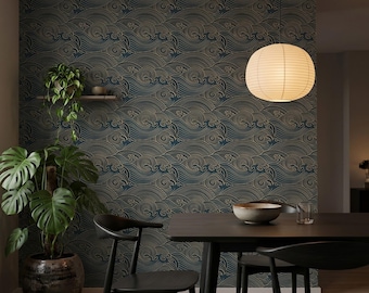 Japanese Peel and Stick Wallpaper, Gold Blue Waves (Removable, PVC-Free)