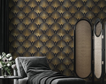 Art Deco Wallpaper Peel and Stick | Dark Gold Wallpaper for Living Room | Art Deco Ornaments Traditional Non-Woven Wallpaper | ARTD08