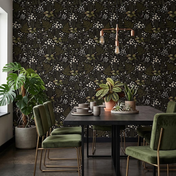 Fern Wallpaper: Dark Floral Peel and Stick (Removable, Eco-Friendly)