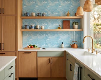 Blue Waves Wall Decor: Japanese Peel and Stick Wallpaper (Removable)