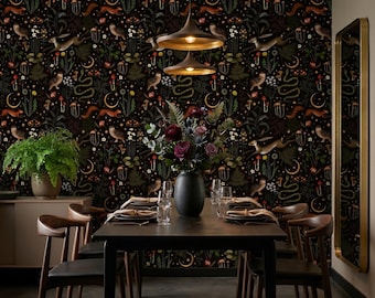 Peel and Stick Wallpaper: Dark Forest Animals - Colorful, PVC-Free