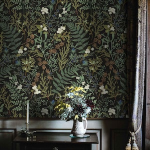Tapete mit dunklem Blumendekor schälen und aufkleben | Elegante Grüne Tapete fürs Wohnzimmer | Moderne Farn Traditionell Vlies Tapete | LEA04