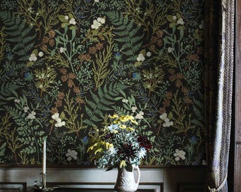 Dark Floral Wallpaper Peel and Stick | Elegant Green Wallpaper for Living Room | Modern Fern Traditional Non-Woven Wallpaper | LEA04