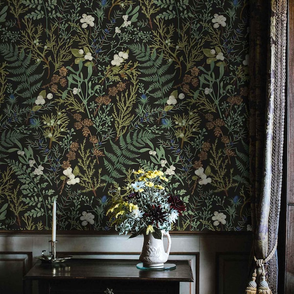 Decoración de pared botánica: Papel pintado autoadhesivo floral oscuro (removible)