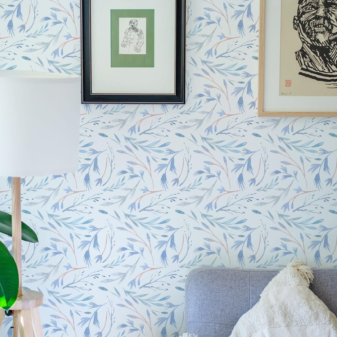 Botanical & Floral Wallpaper Peel and Stick | Cute Blue Wallpaper for ...