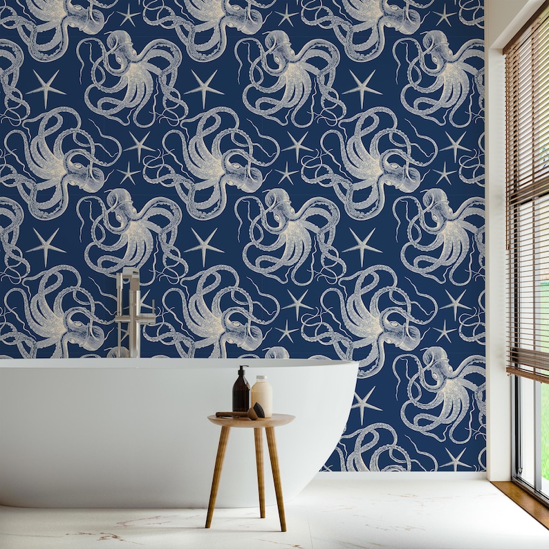 Peel and Stick Wallpaper: Nautical Blue Octopus - PVC Free, Splash Proof image 1