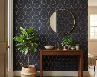 Art Deco Peel Stick Wallpaper, Black Gold (Removable, Renter Friendly)