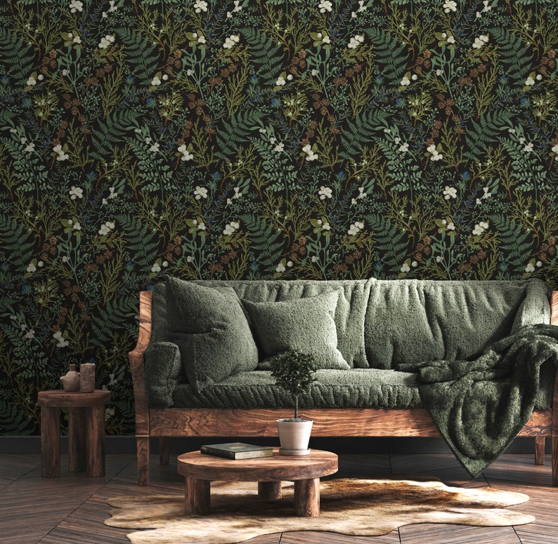 Botanical wallpaper placed in farmhouse interior.