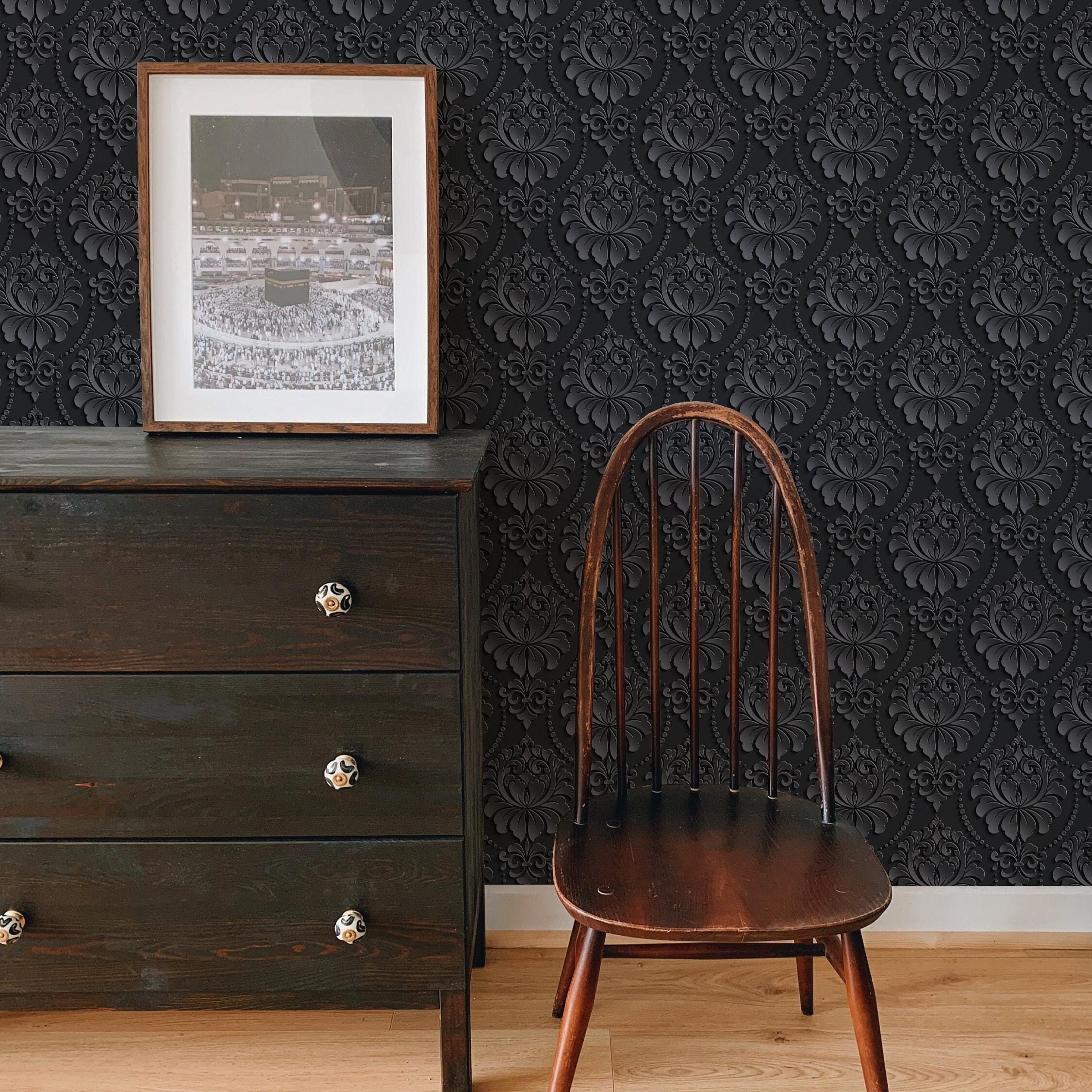 Gothic Damask Wallpaper - Black Gray Peel and Stick - Etsy