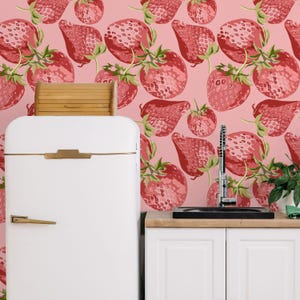 Fruits & Vegetables Wallpaper Peel and Stick | Playful Red Wallpaper for Kitchen | Modern Strawberries Non-Woven Wallpaper | FV16