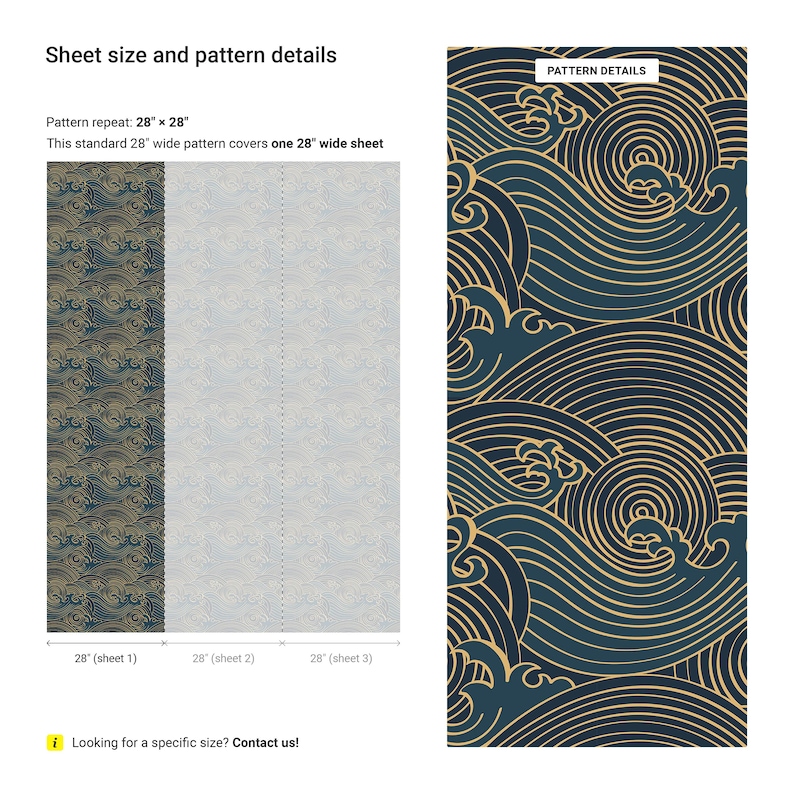 a blue and gold wallpaper pattern with waves