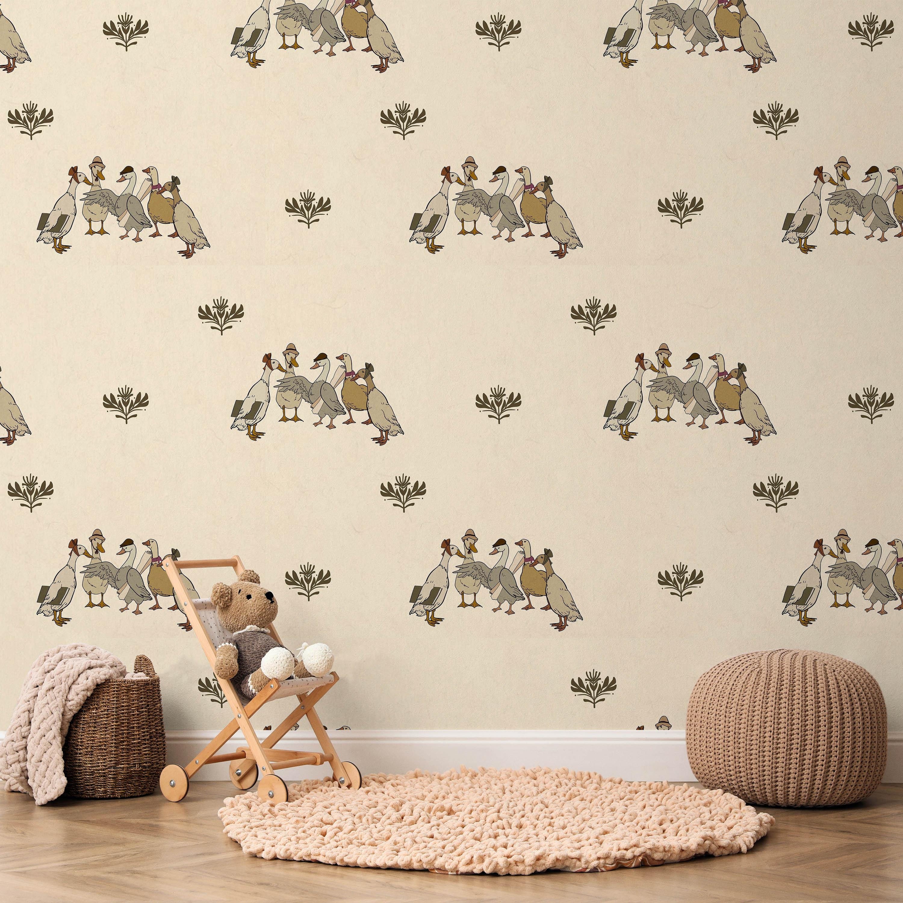 Animals Wallpaper Peel and Stick | Cute Beige Wallpaper for Kids Room | Western Ducks Traditional Non-Woven Wallpaper | ANI38