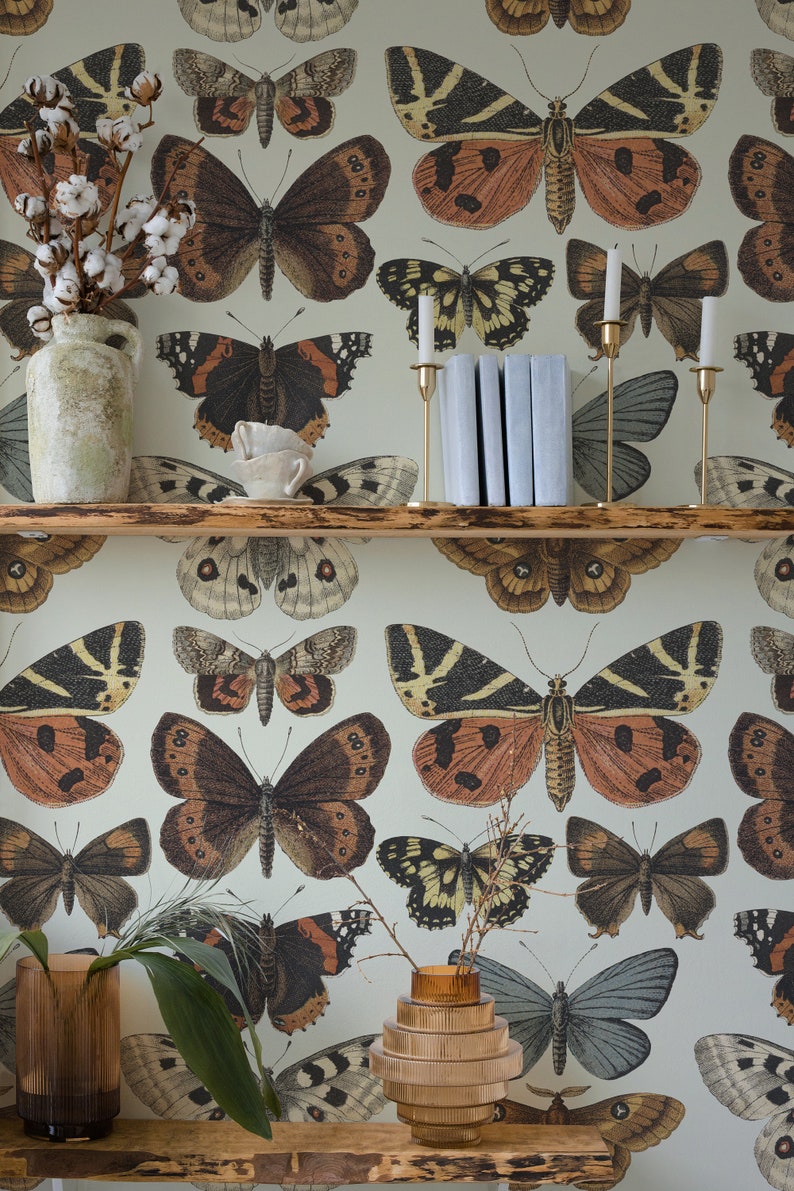 Beige vintage butterfly Wallpaper, Peel&Stick and Traditional Wallpaper, Removable and Renter friendly Wall Decor, Vintage, Self Adhesive. image 2