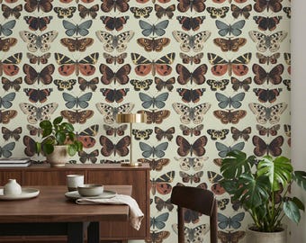 Butterfly Wallpaper: Vintage Brown and Beige - Peel & Stick Option