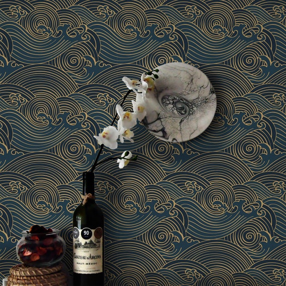 Japanese Peel and Stick Wallpaper, Gold Blue Waves (Removable, PVC-Free)