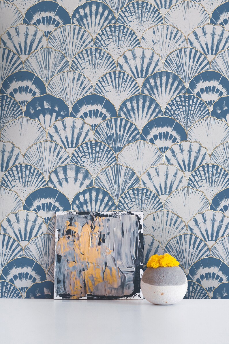 Blue Ikat wallpaper ,Peel&Stick and Traditional Wallpaper, Removable and Renter friendly Wall Decor, Leaves Wall Art, Self Adhesive. image 3