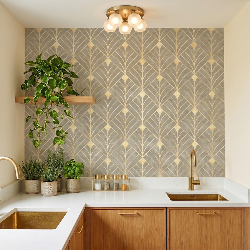 May include: A kitchen featuring light wood cabinets, a white countertop, and a gold faucet. The wall is covered in gray and gold geometric fan-patterned wallpaper. A wooden shelf holds a trailing green plant, and small potted herbs sit nearby.