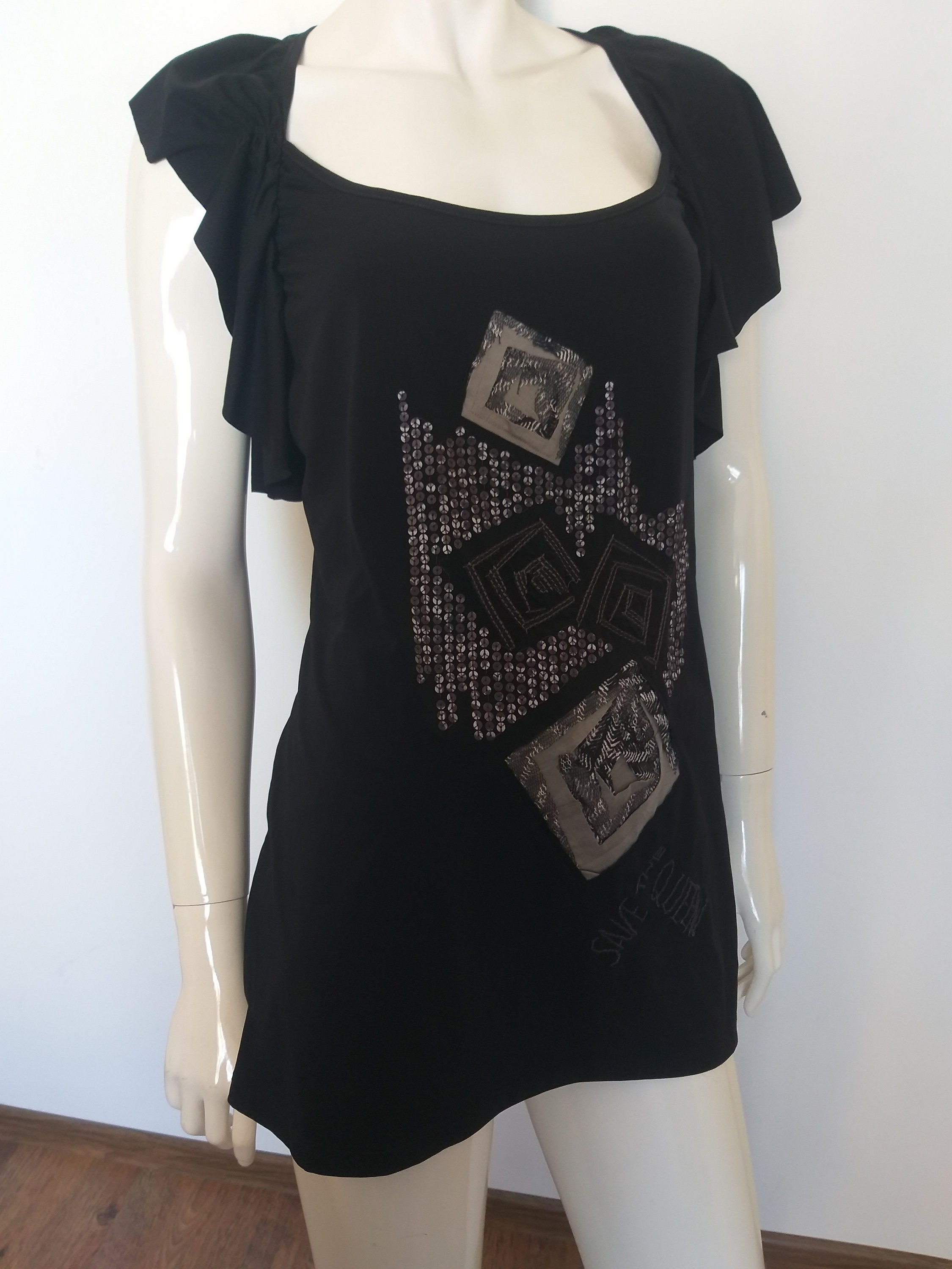 Top T-shirt Save The Queen Mauve Paillettes Manches Mesh Taille M - Occasion Très Bon état