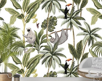 Palm Banana Tree Tropical Forest Rainforest Animals / peel and stick wallpaper vinyl wallpaper wallpaper room