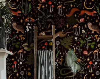Magic forest pattern. Dark Stars, Black Wallpaper, Woodland/peel and paste wallpaper vinyl wallpaper wallpaper room