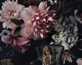 Dark Floral Vintage flowers. Peony, tulip, lily, /bark and stick wallpaper vinyl wallpaper wallpaper room