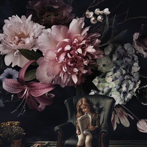 Dark Floral Vintage flowers. Peony, tulip, lily, /bark and stick wallpaper vinyl wallpaper wallpaper room