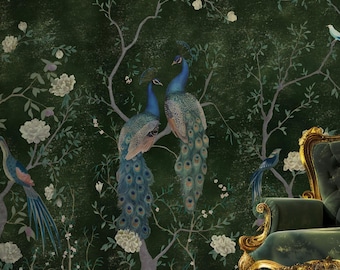 Green Chinoiserie Wallpaper Mural: Vintage Crane & Peacock, Peel and Stick