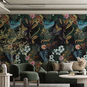 Dark tropical wallpaper, Exotic wall mural, Floral wallpaper, Enchanted garden,  Botanical Wallpaper, peel and stick