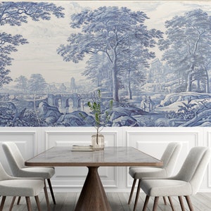 Landscape Wallpaper, Blue trees, Stage wall decoration, blue landscape wallpaper, Vintage Monochrome Landscape Wallpaper Peel and Stick,