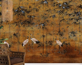 Wandbild Chinoiserie Blumen, Kranich Vögel, - Vintage Chinoiserie Tapete, Tapete, schälen und aufkleben, selbstklebende Tapete