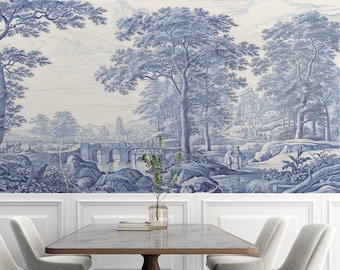 Landscape Wallpaper, Blue trees, Stage wall decoration, blue landscape wallpaper, Vintage Monochrome Landscape Wallpaper Peel and Stick,