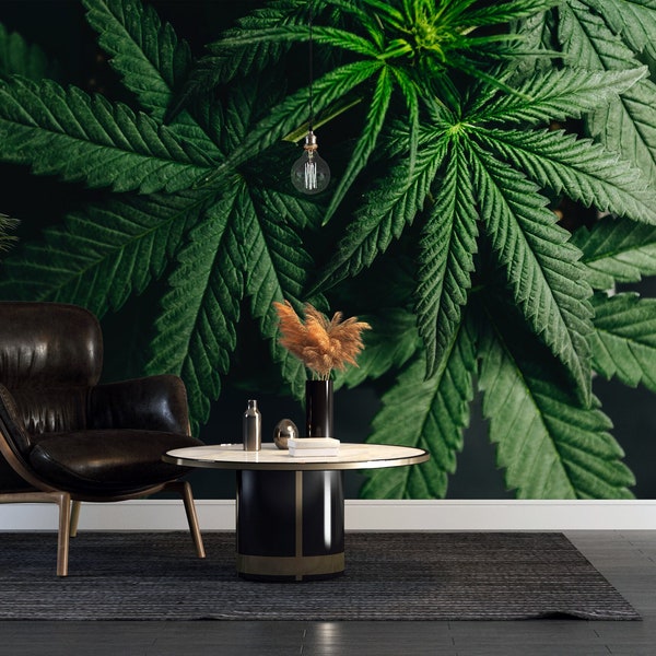 Marijuana Wallpaper, Leaves, marijuana hemp leaves, Black Green Wallpaper, Peel and Stick, Dark Wallpaper, self-adhesive, Textile wallpaper