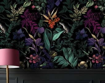 Snake and Floral Wallpaper: Dark Botanical Peel and Stick