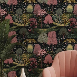 Wild Garden Wallpaper - Jardin Sauvage Wallpaper - Vintage Wald Tapete mit Pastell Bäumen auf dunklem Hintergrund | Tapete abziehen und aufkleben